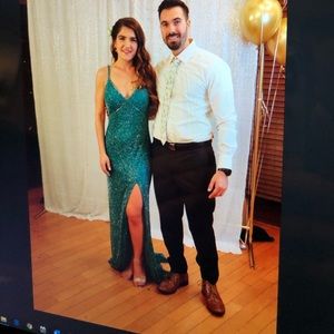 Mc Duggal sequenced maxi strap dress with slit